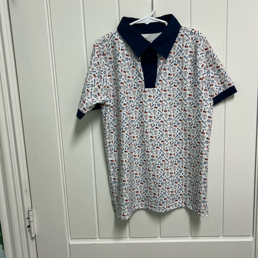Courtside kids White baseball theme Polo with Navy Trim